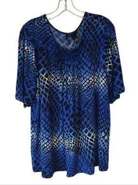 New Directions Blue & Black Abstract Grid Short-Sleeve Top Size 1X